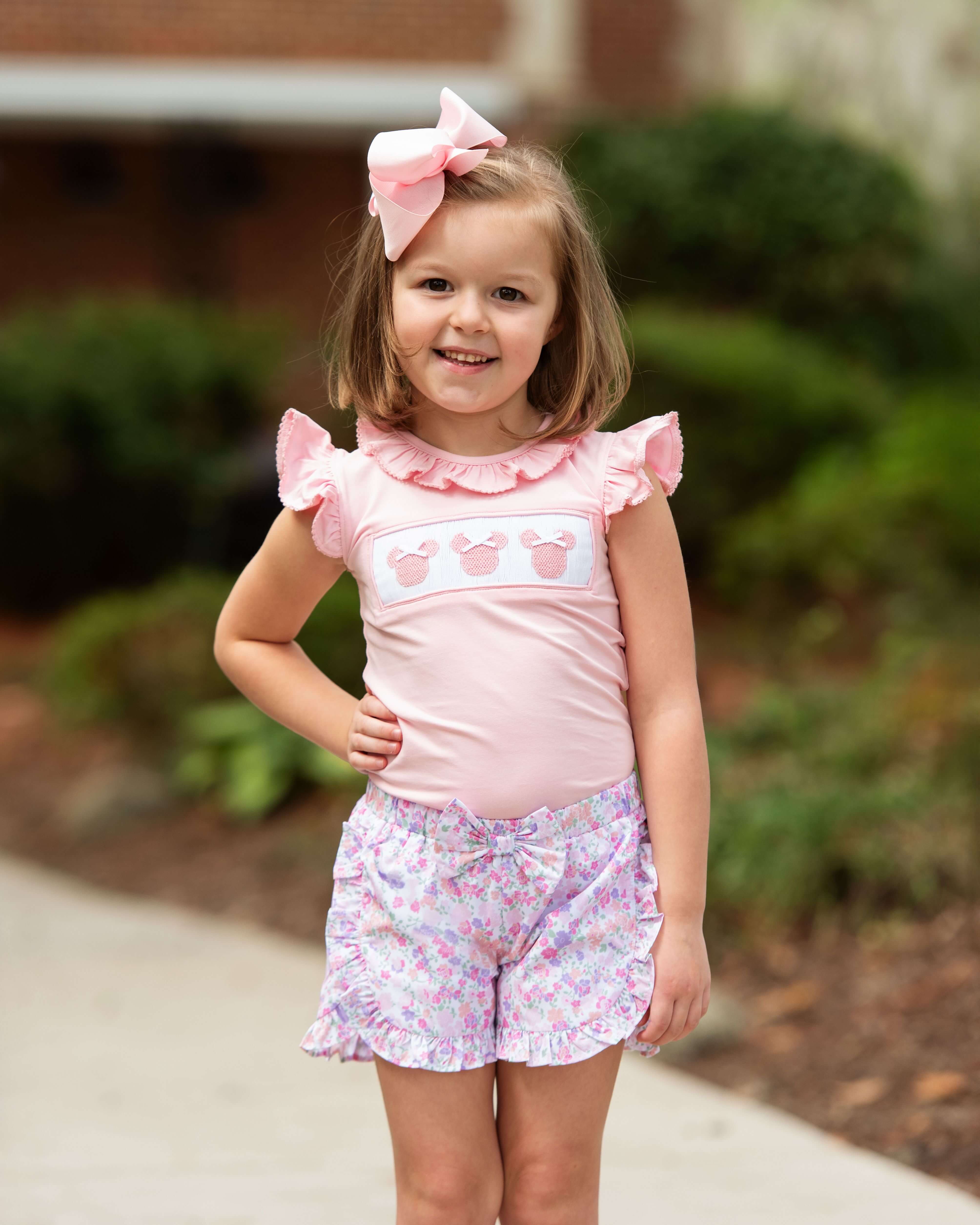 Pink Floral Smocked Mouse Ears Short Set - Image 2