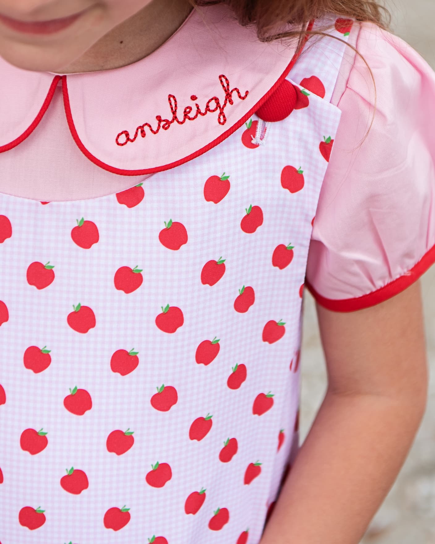 Pink Gingham Applique Apple Dress Set - Image 2