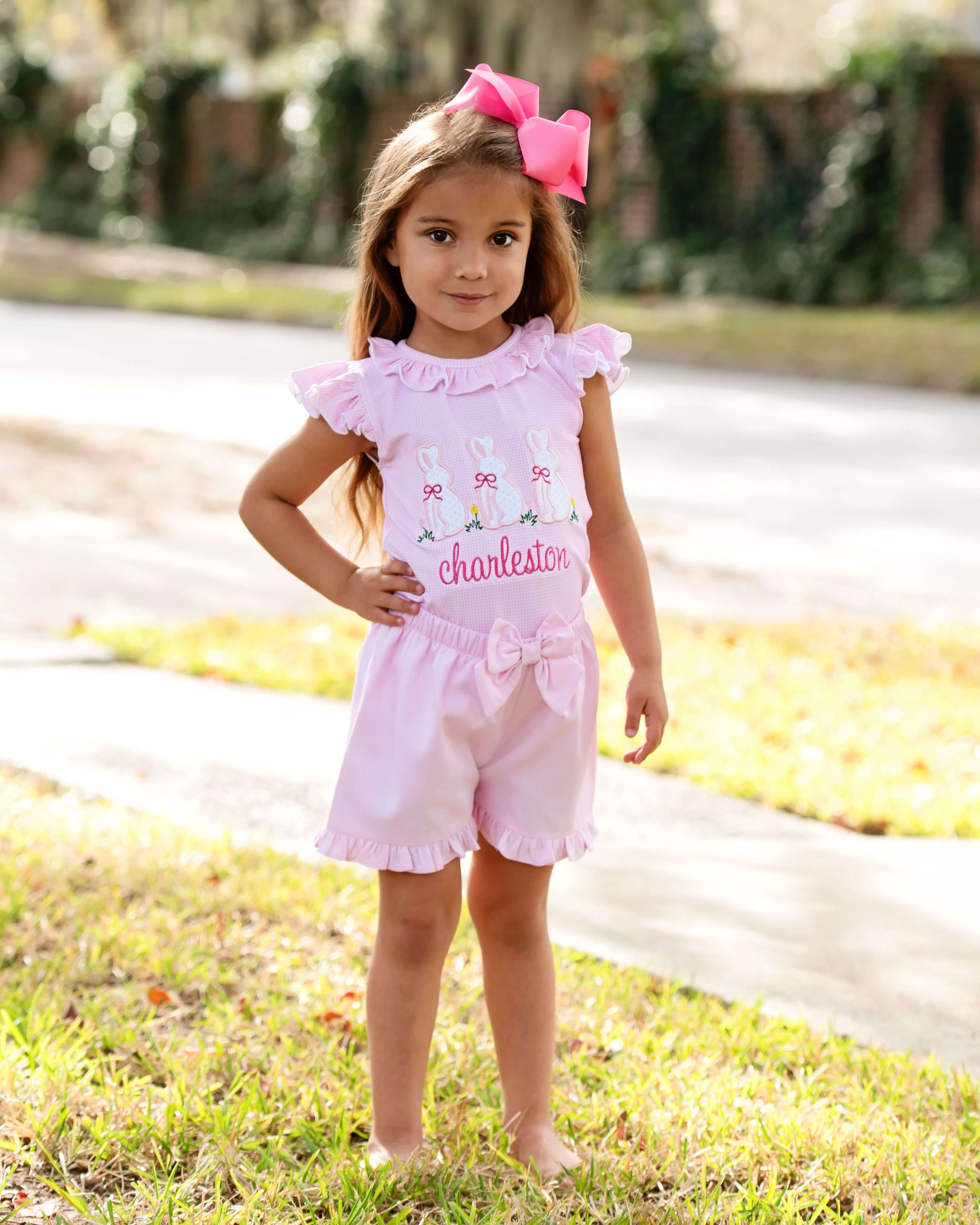 Pink Gingham Applique Bunnies Short Set - Image 2