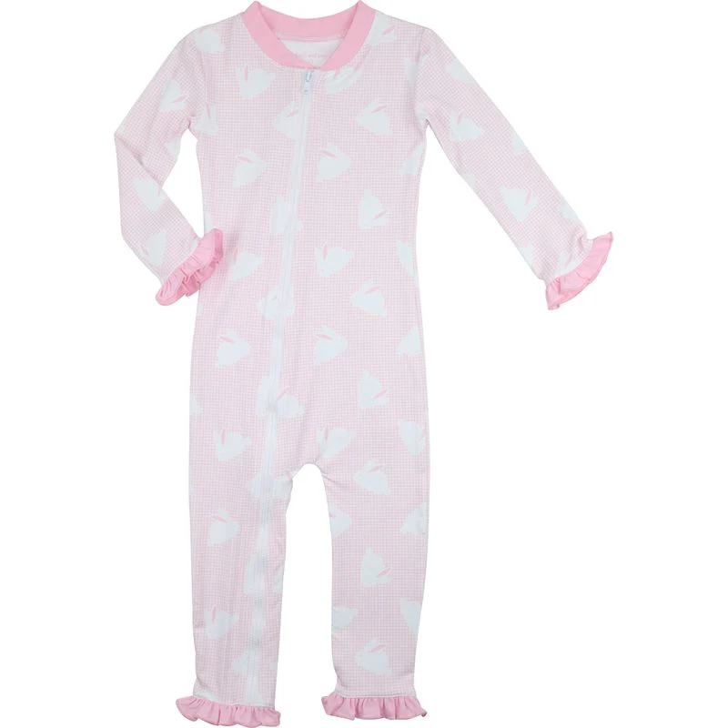 Pink Gingham Bunny Print Knit Zipper Pajamas - Image 2