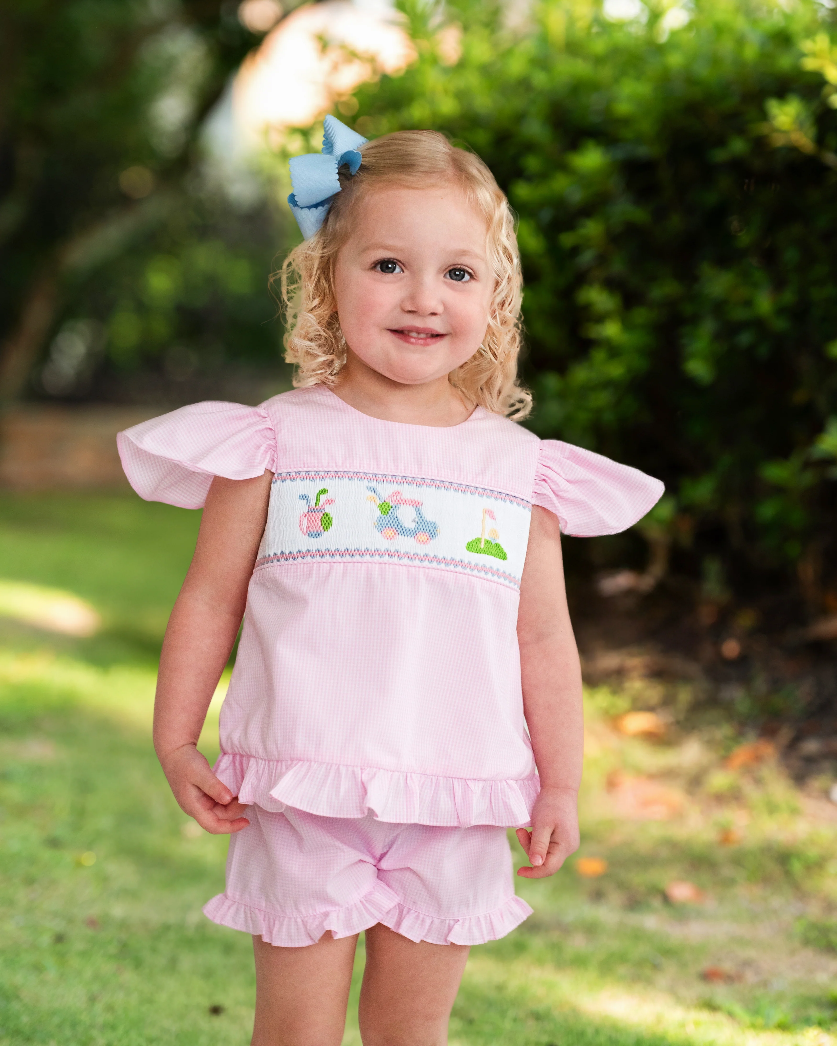 Pink Gingham Smocked Golf Short Set - Image 5