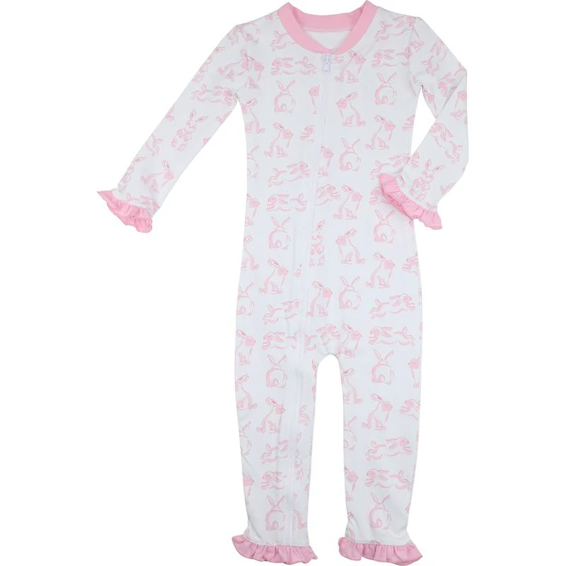 Pink Hopping Bunny Knit Zipper Pajamas - Image 2