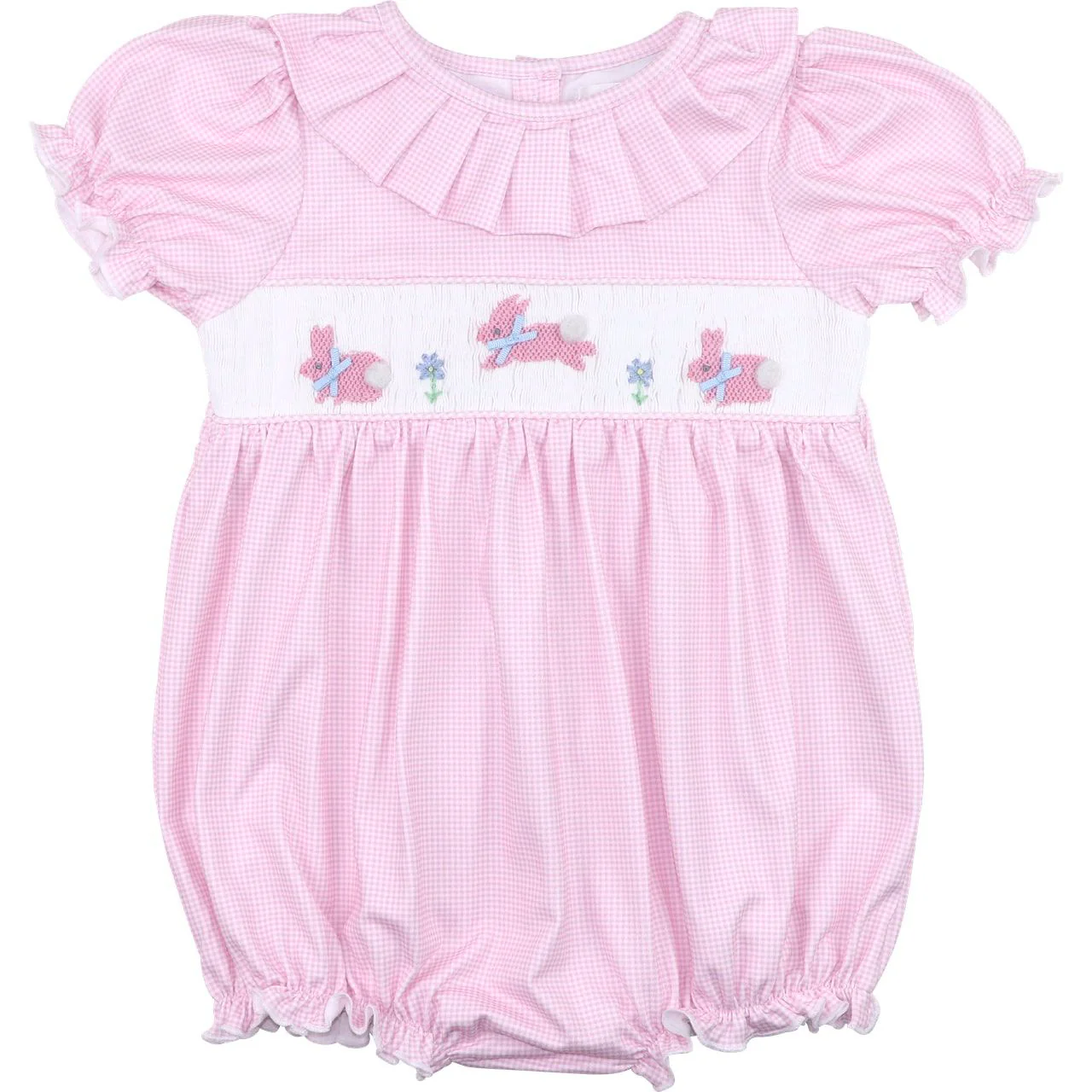 Pink Knit Gingham Smocked Bunnies Bubble