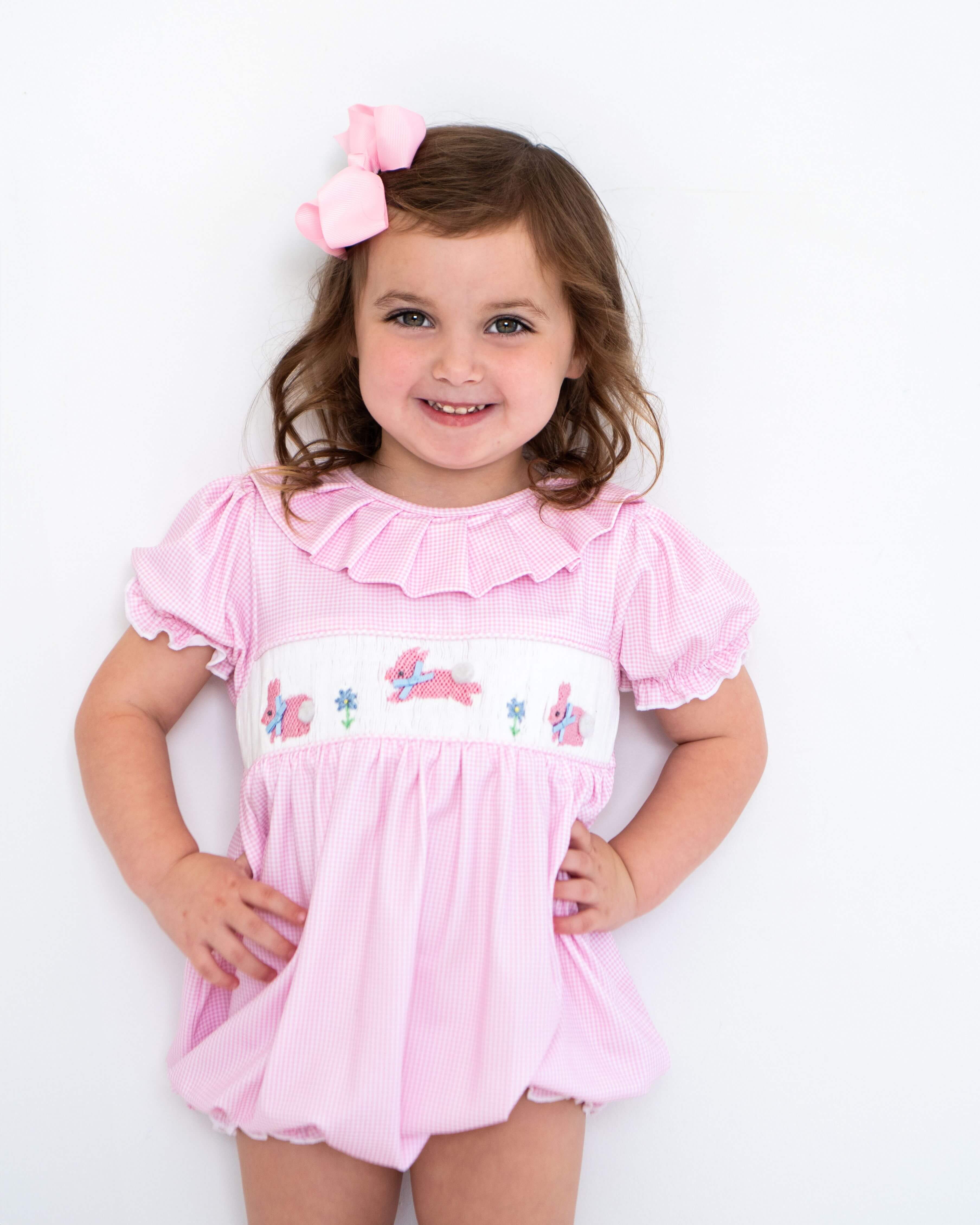 Pink Knit Gingham Smocked Bunnies Bubble - Image 2