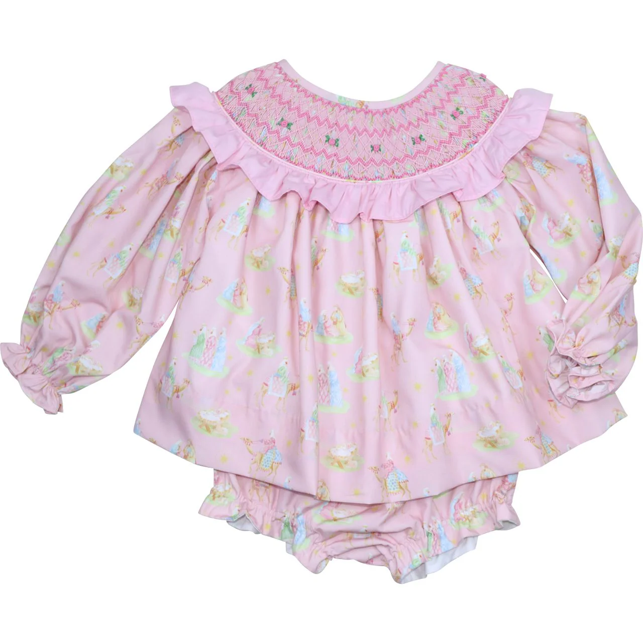 Pink Nativity Scene Smocked Diaper Set
