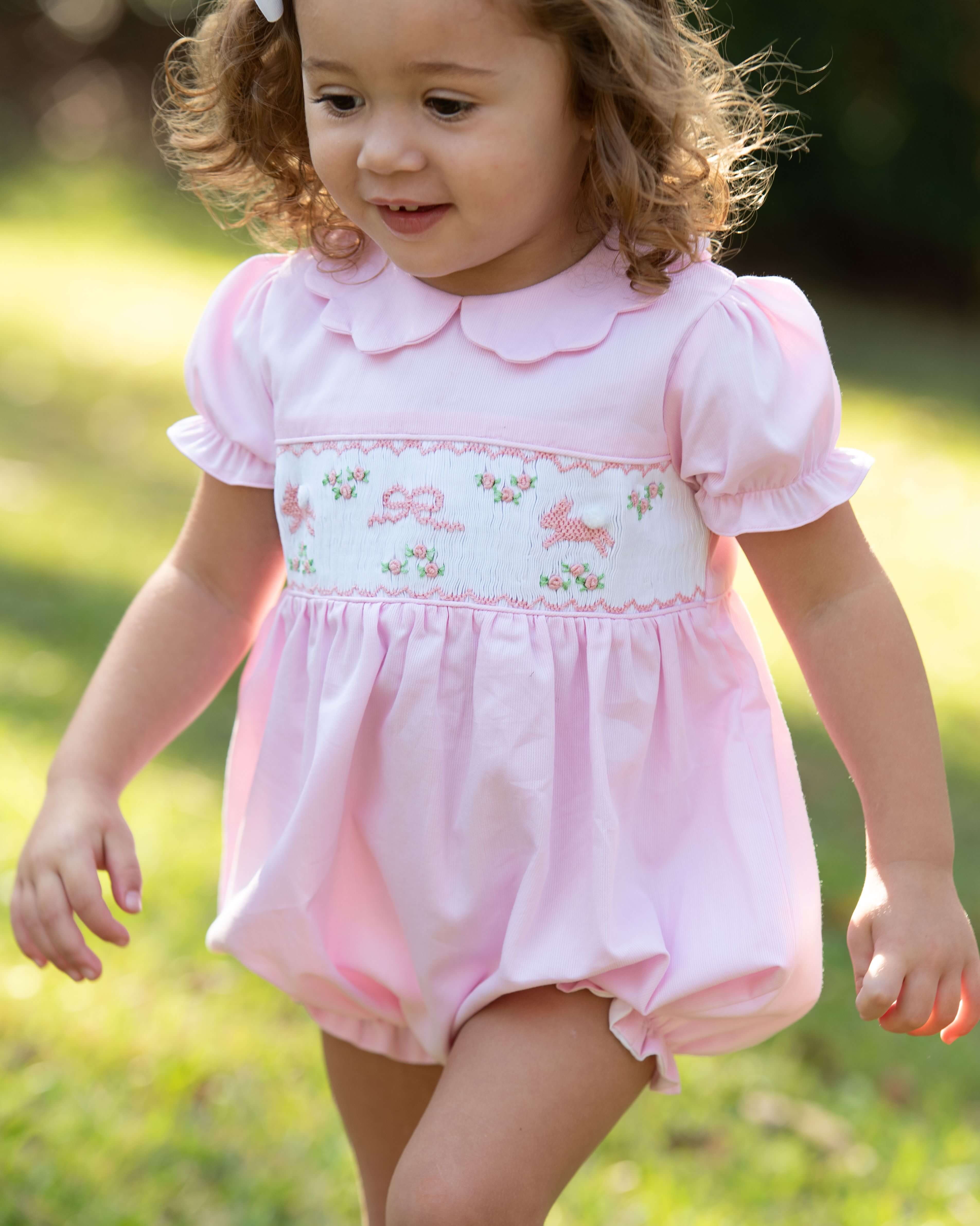 Pink Pique Smocked Bunny And Bow Bubble - Image 2