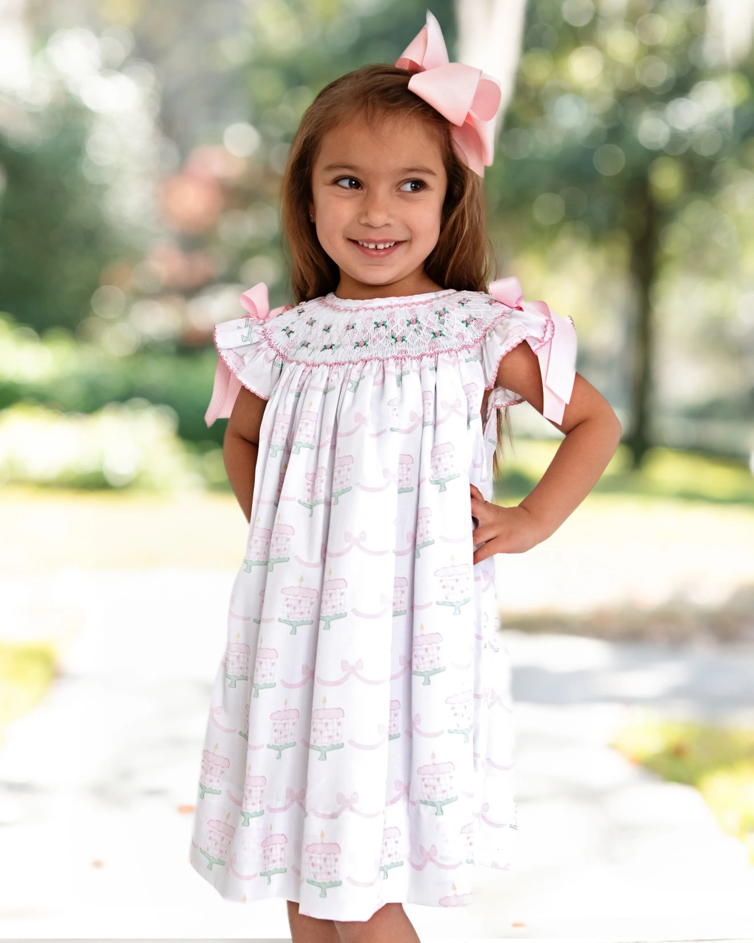 Pink And Green Smocked Birthday Cake Bow Dress - Image 3