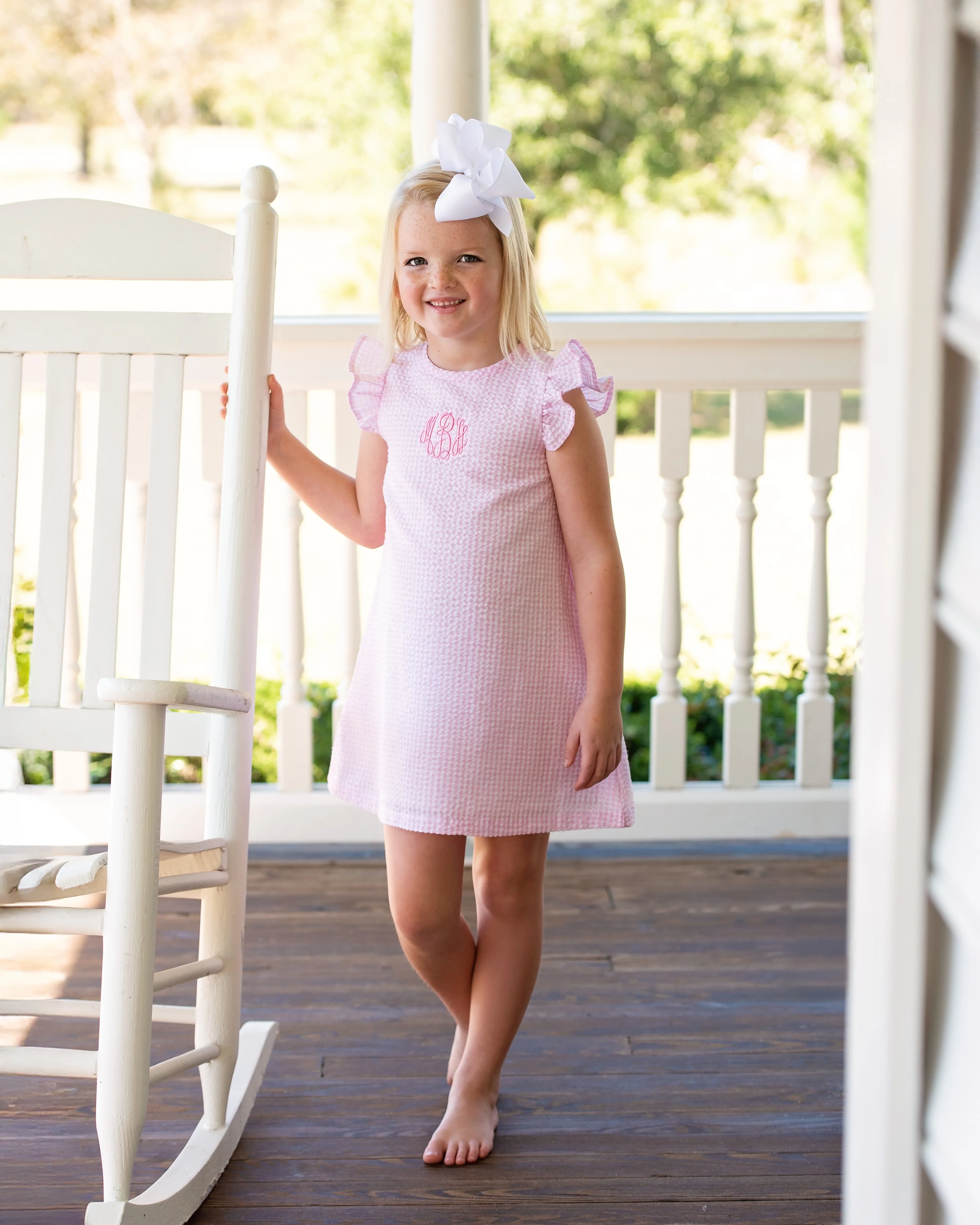 Pink Seersucker Angel Sleeve Dress - Image 2