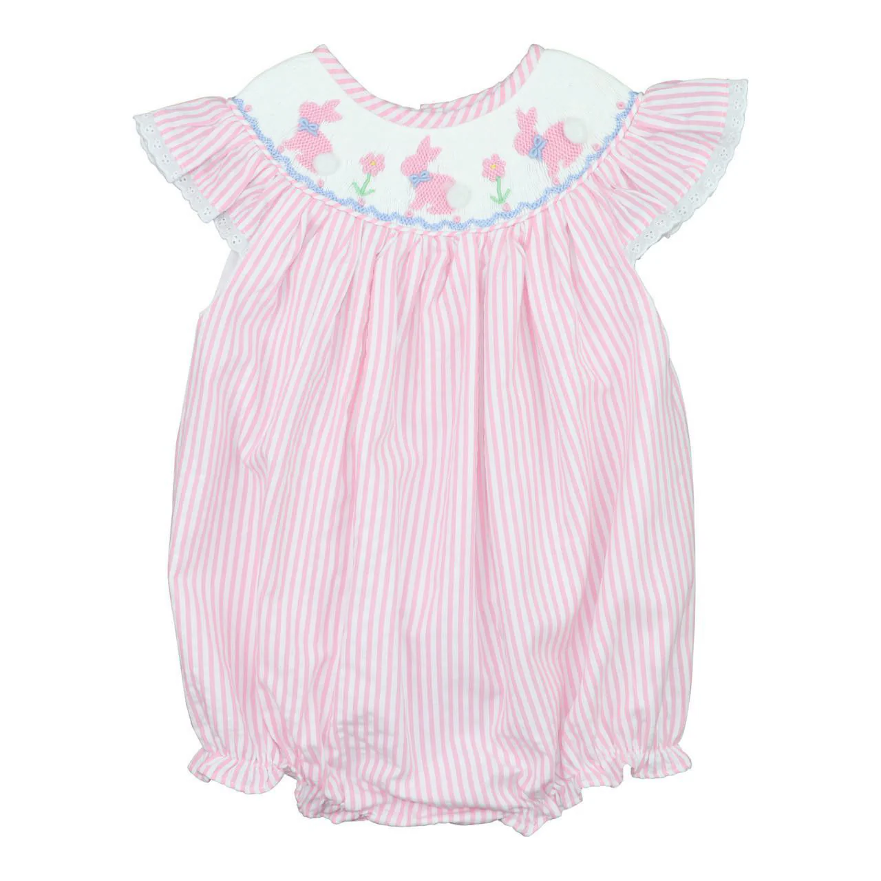 Pink Seersucker Smocked Bunnies Bubble