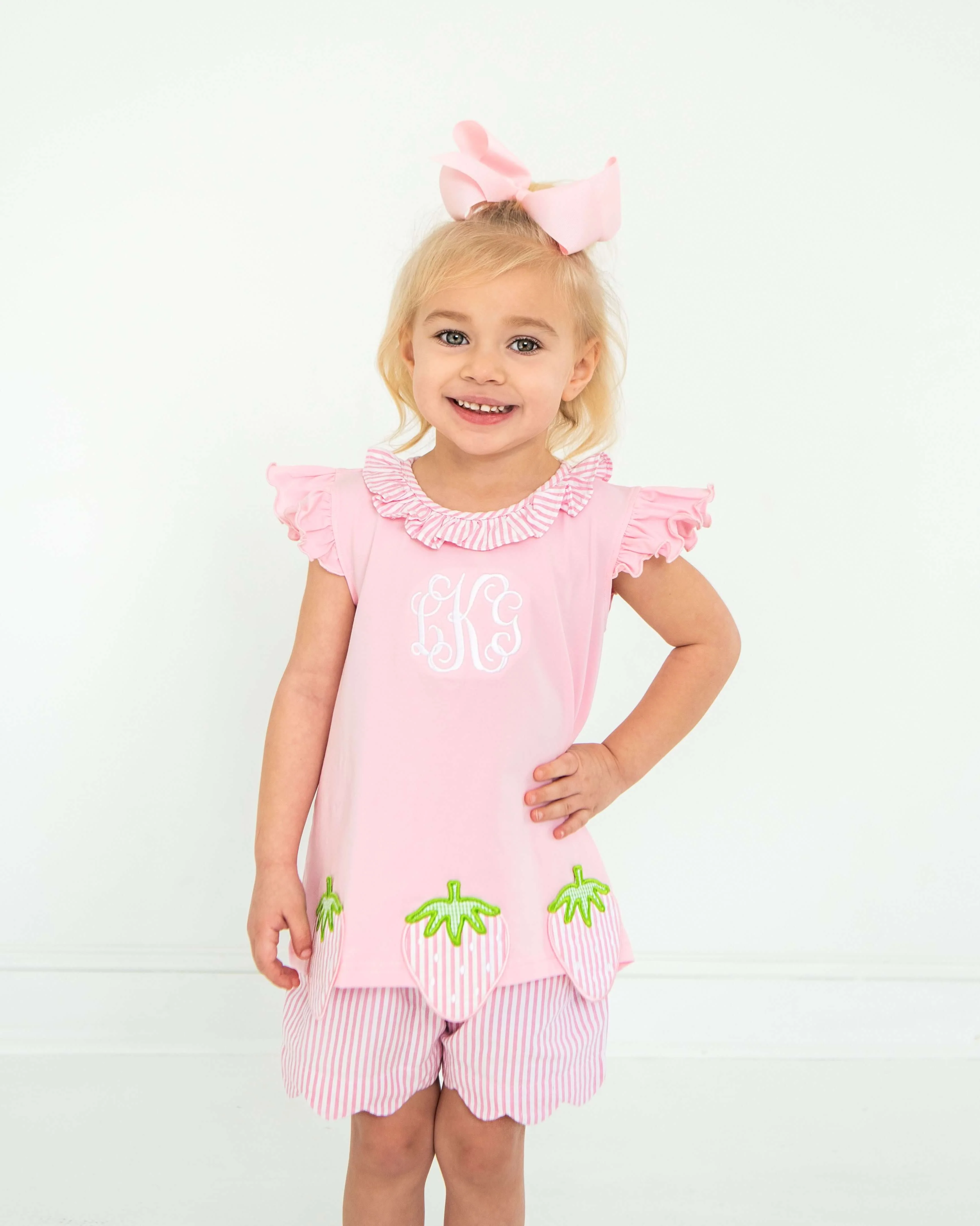 Pink Seersucker Strawberry Short Set - Image 2