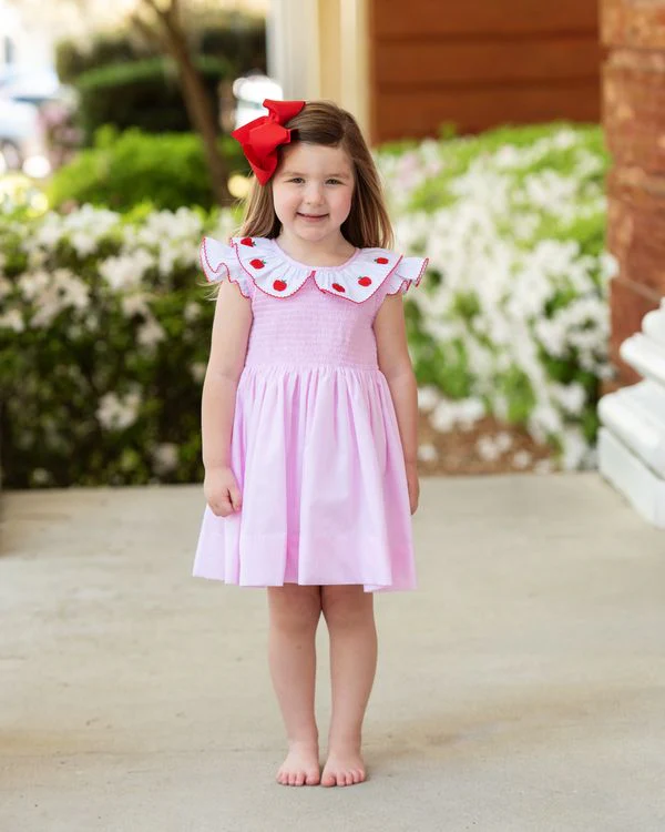 Pink Smocked Embroidered Apple Dress - Image 3