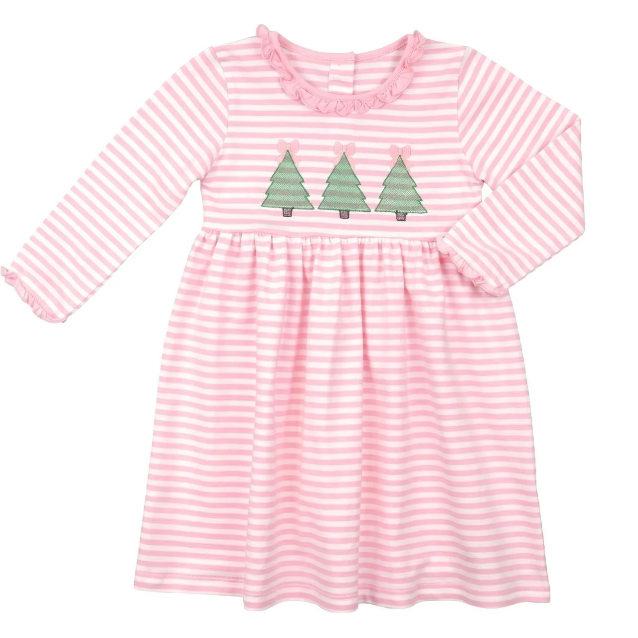 Pink Stripe Knit Embroidered Christmas Trees Dress