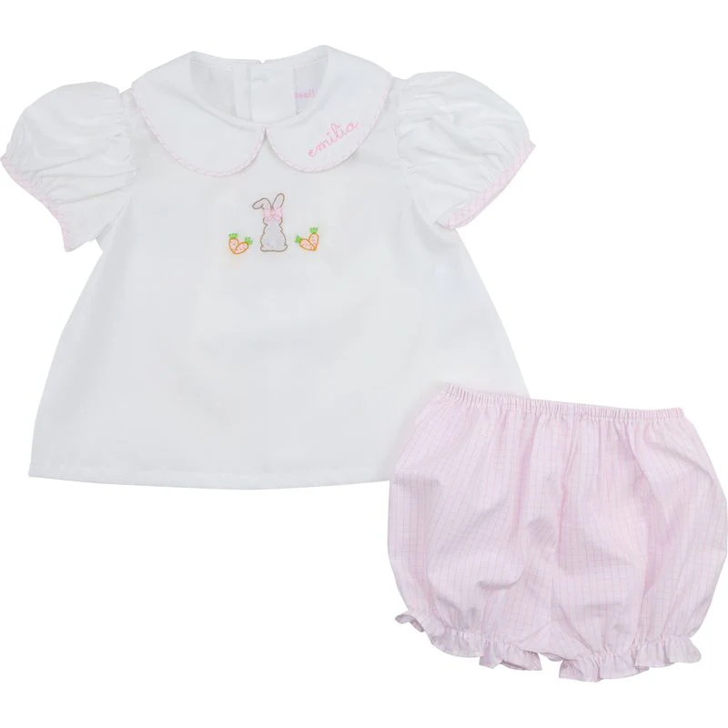 Pink Windowpane Shadow Embroidered Bunny Diaper Set - Image 4