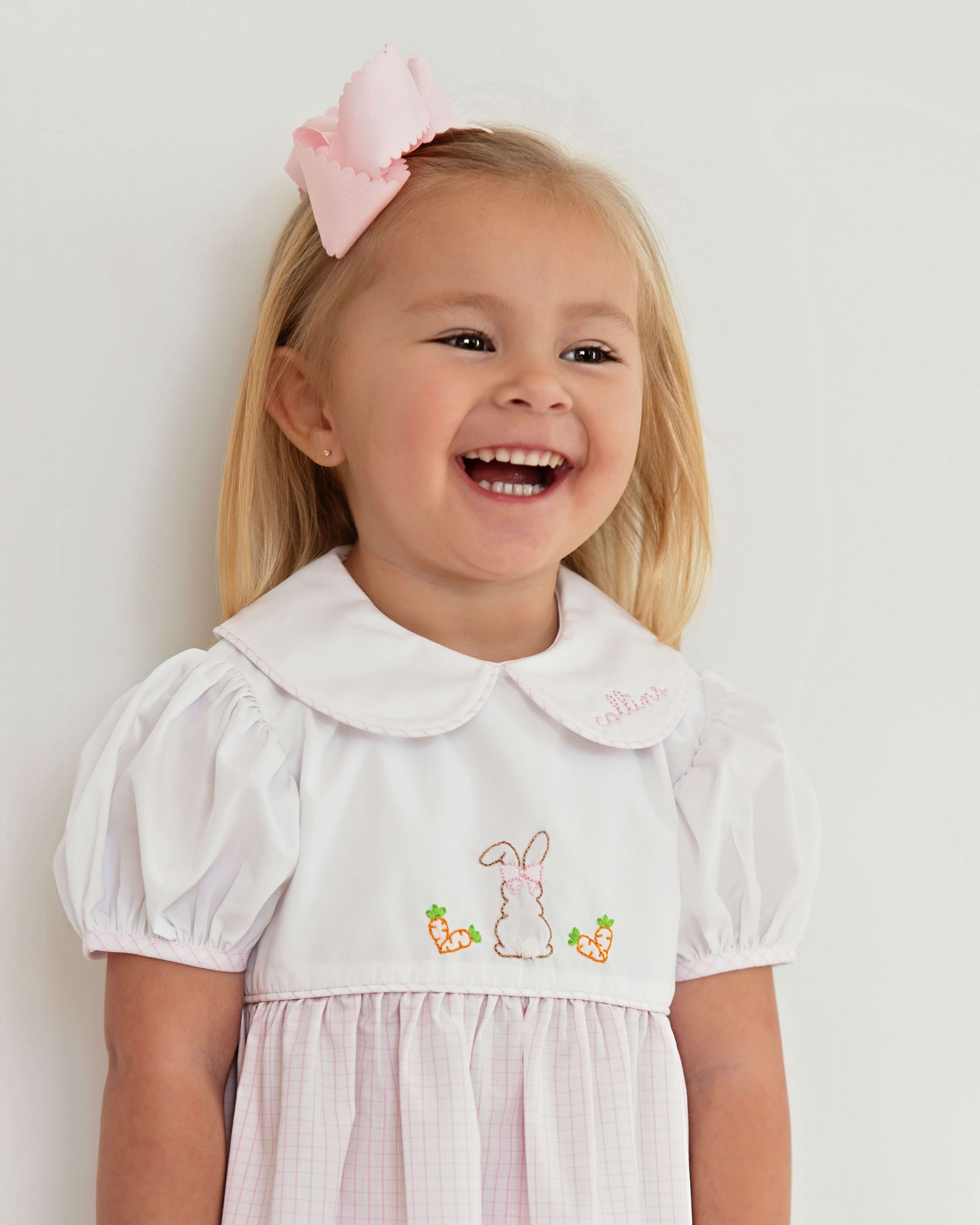 Pink Windowpane Shadow Embroidered Bunny Dress - Image 2