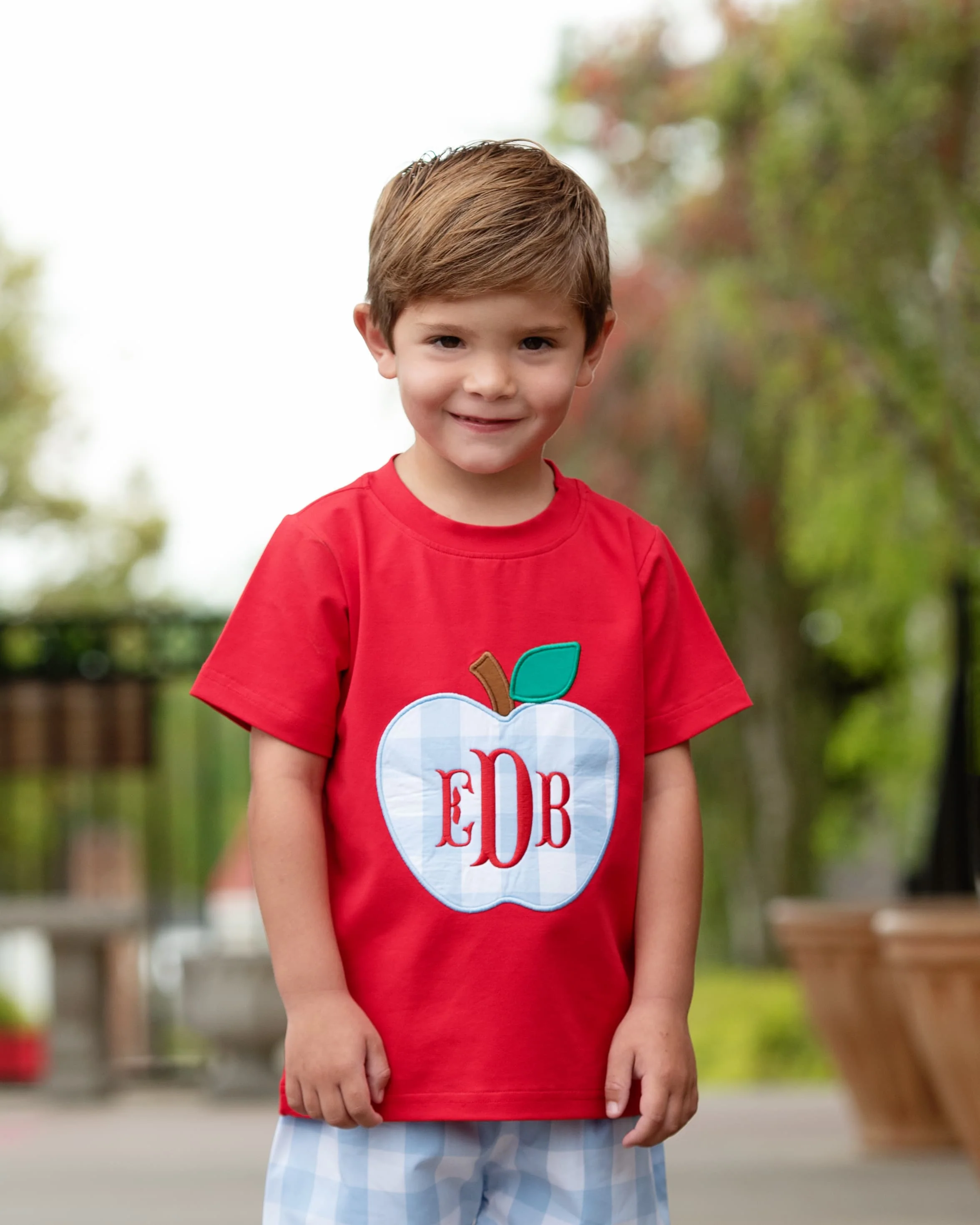 Red And Blue Check Applique Apple Short Set - Image 2