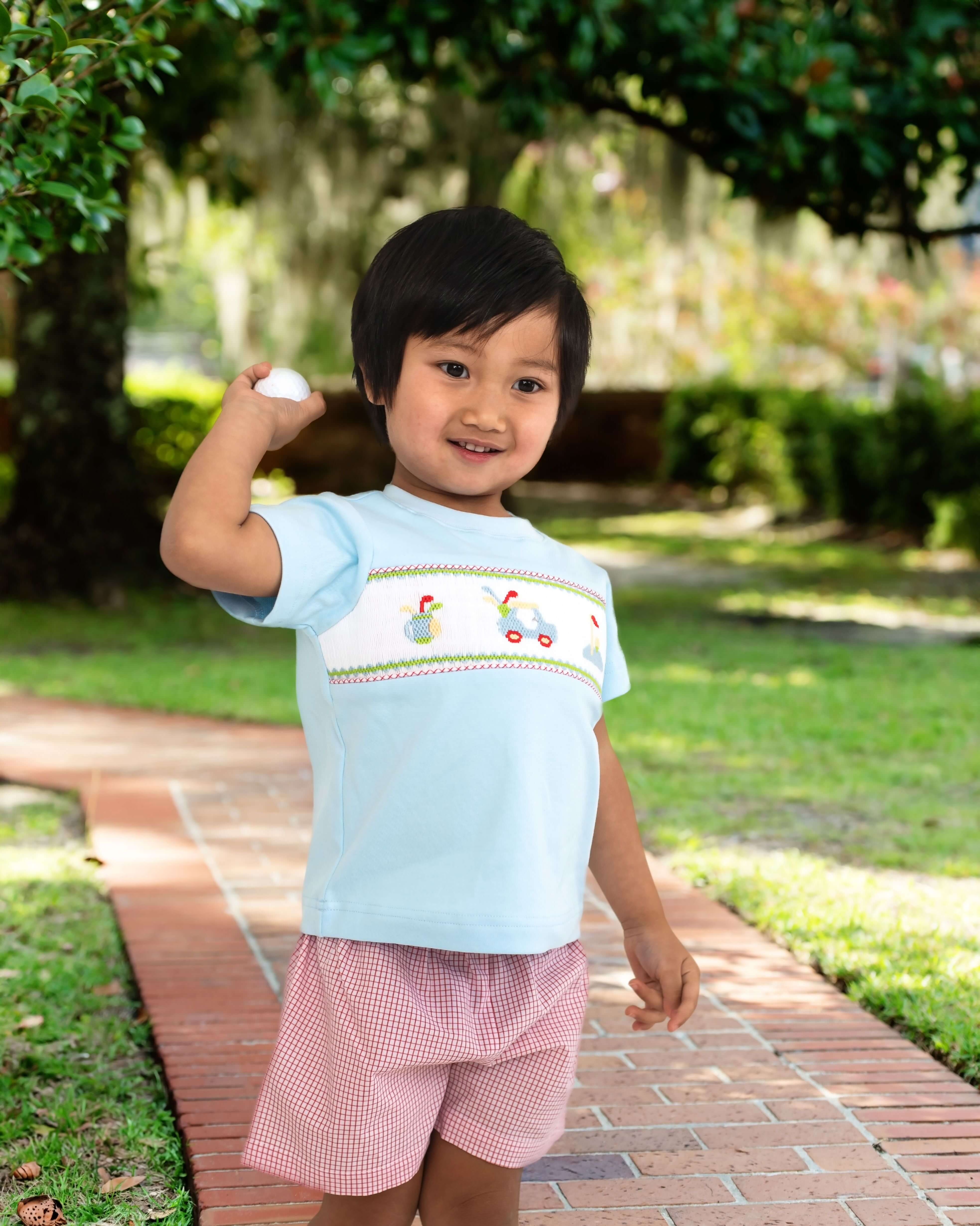 Red And Blue Gingham Smocked Golf Short Set - Image 2