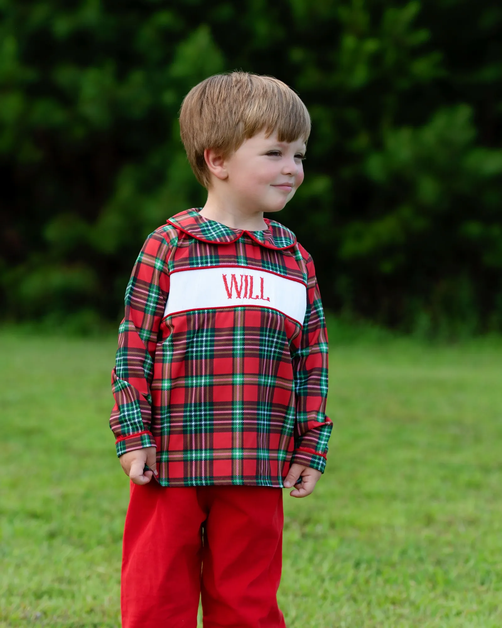 Red and Green Plaid Custom Smocked Pant Set - Image 2
