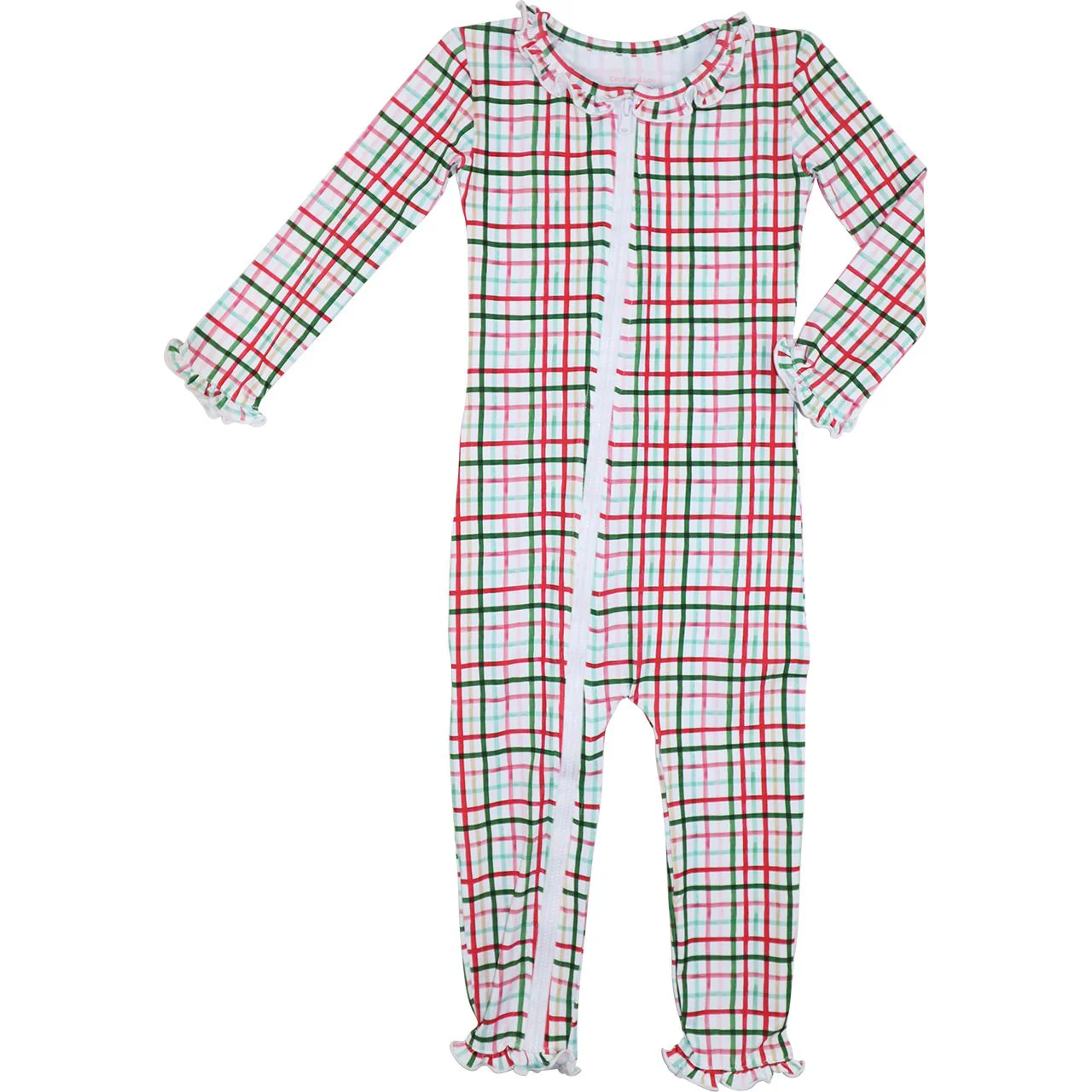 Red And Green Plaid Windowpane Knit Ruffle Zipper Pajamas - Image 3