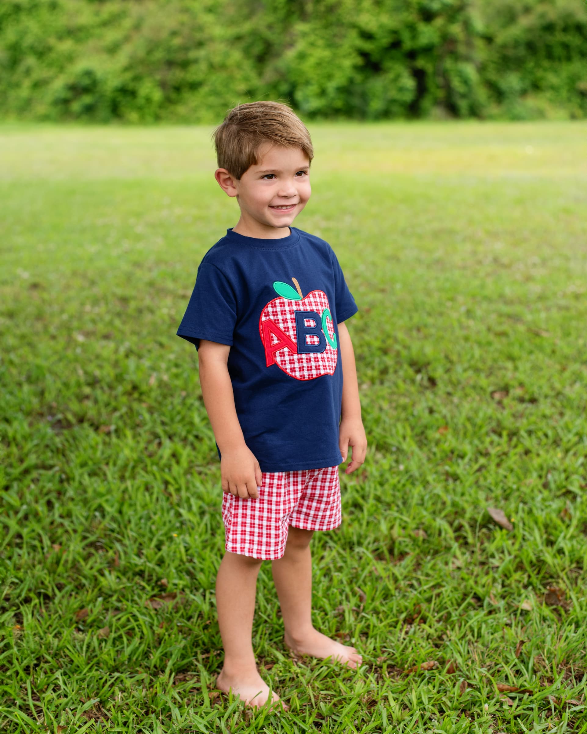 Red And Navy Seersucker Applique Apple ABC Short Set - Image 2