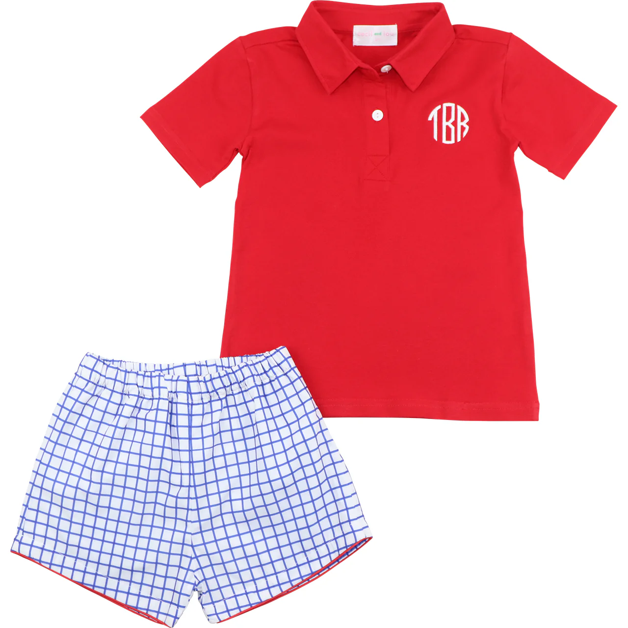 Red And Navy Windowpane Polo Short Set