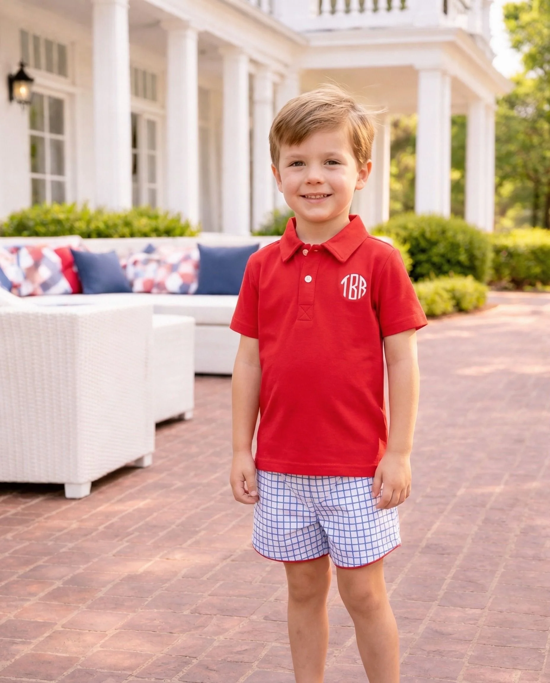 Red And Navy Windowpane Polo Short Set - Image 2