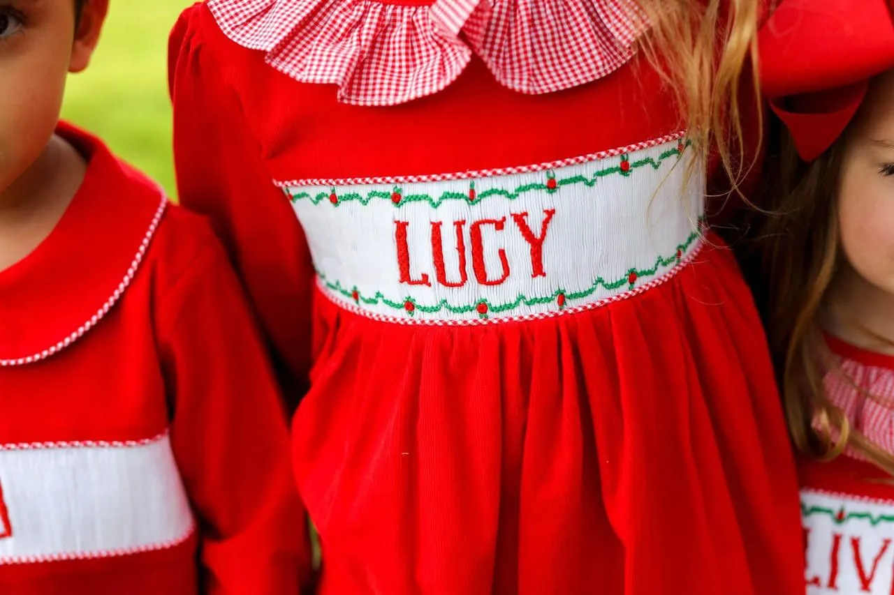 Red Corduroy Custom Smocked Dress - Image 5