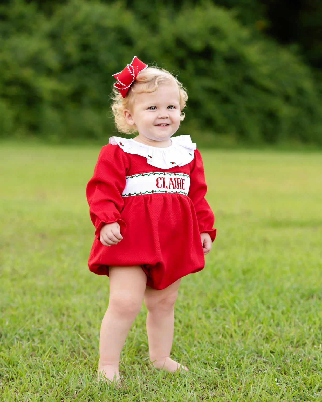 Red Honeycomb Custom Smocked Ruffle Bubble - Image 2