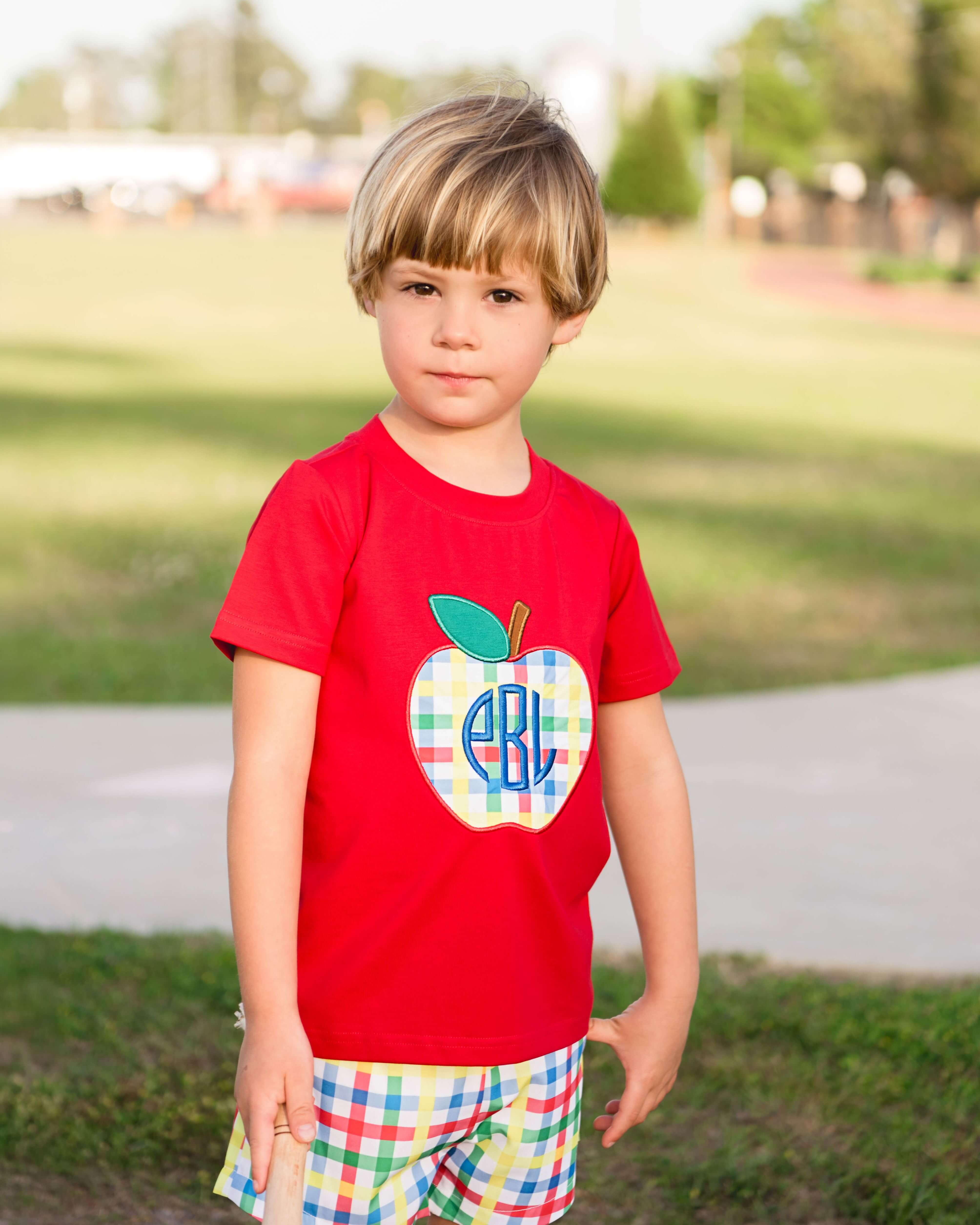 Red Plaid Applique Apple Short Set - Image 2