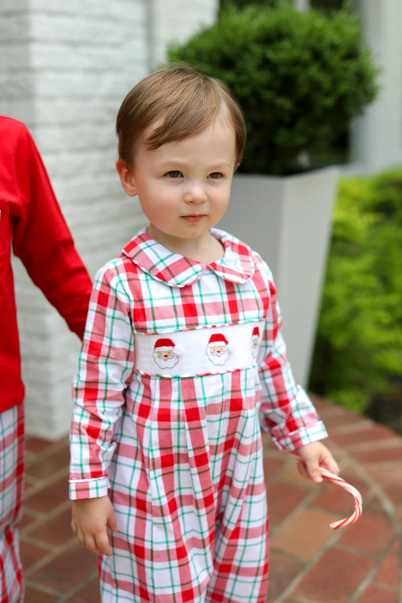 Red Plaid Smocked Santa Long Romper - Image 2