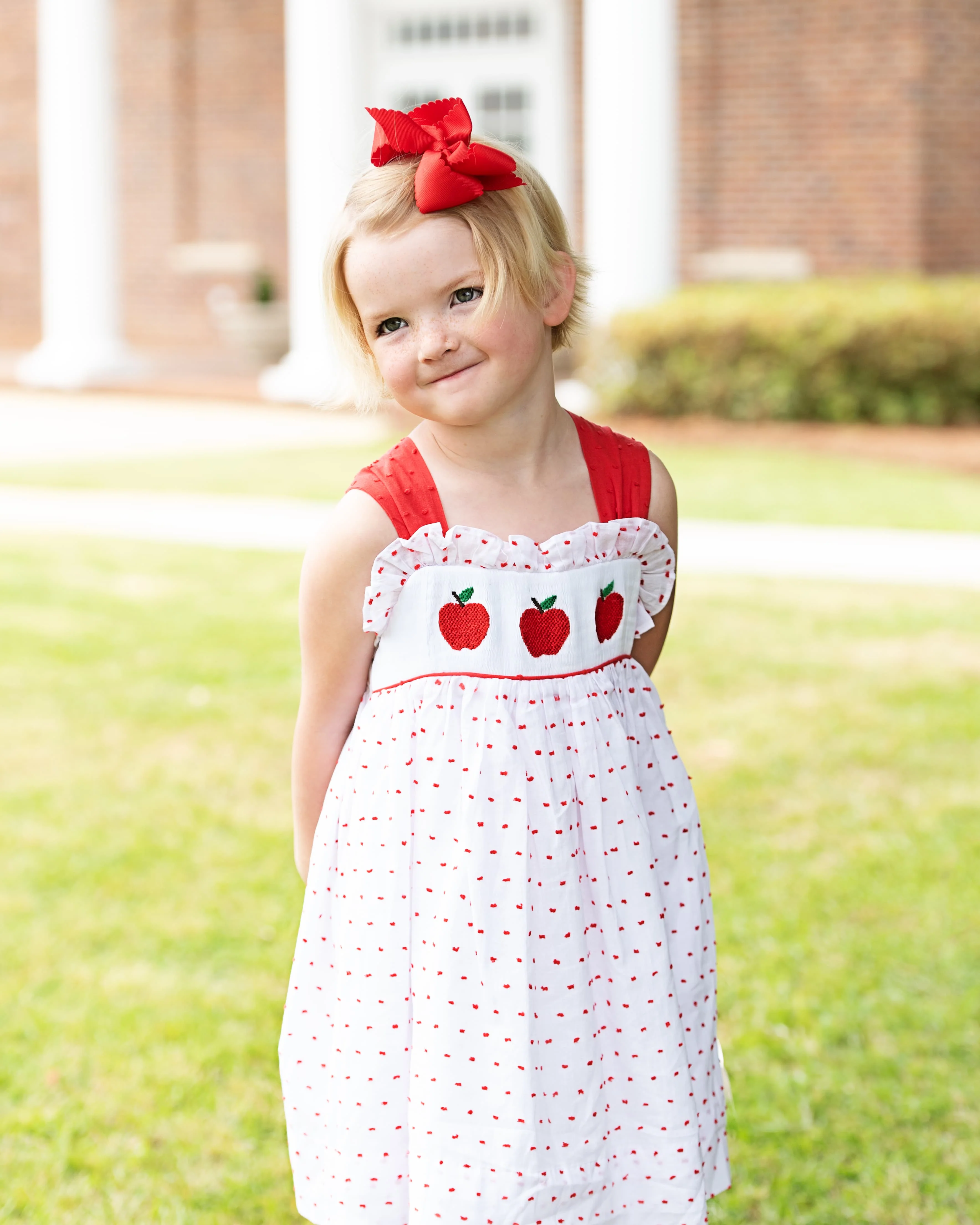 Red Swiss Dot Smocked Apple Dress - Image 2