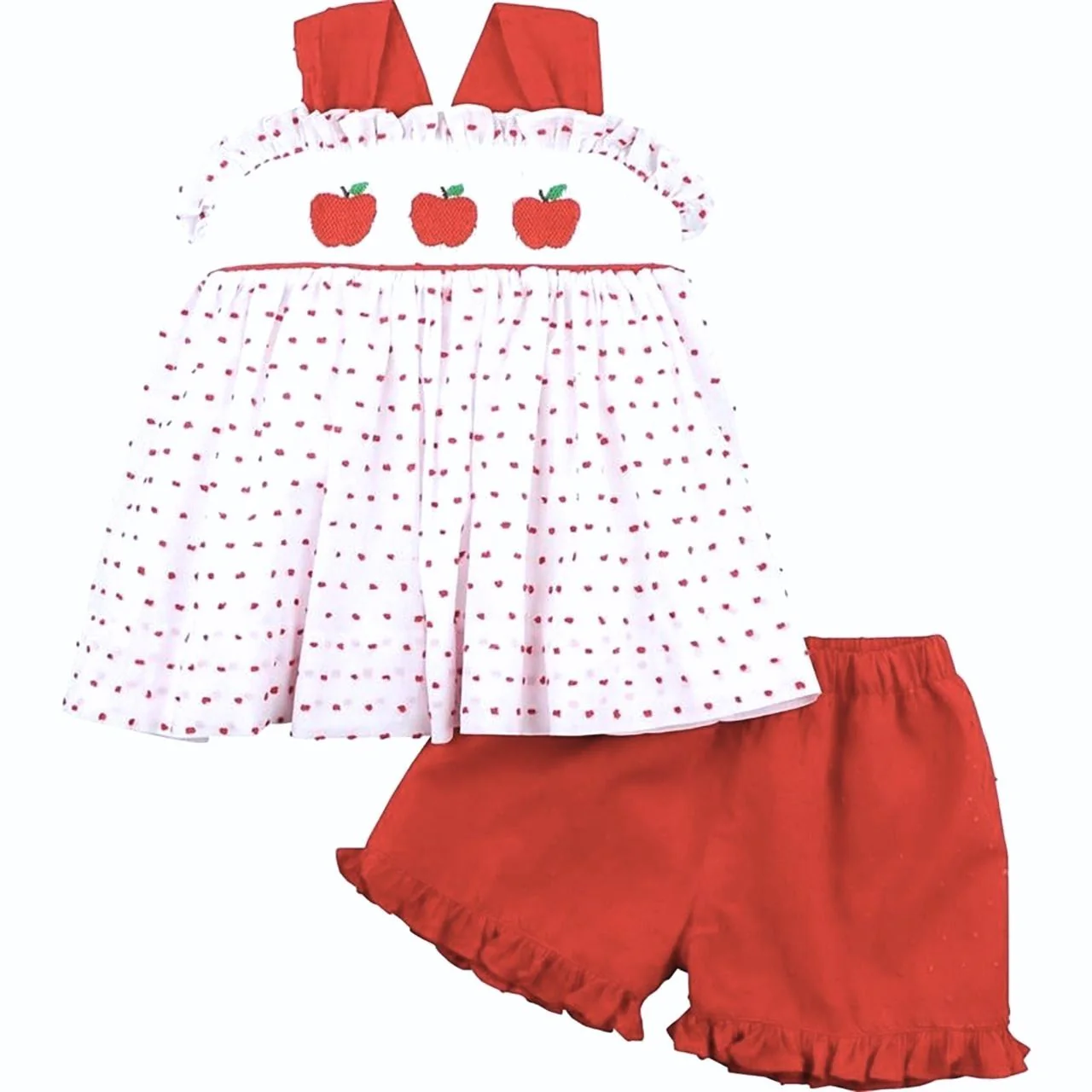 Red Swiss Dot Smocked Apple Short Set