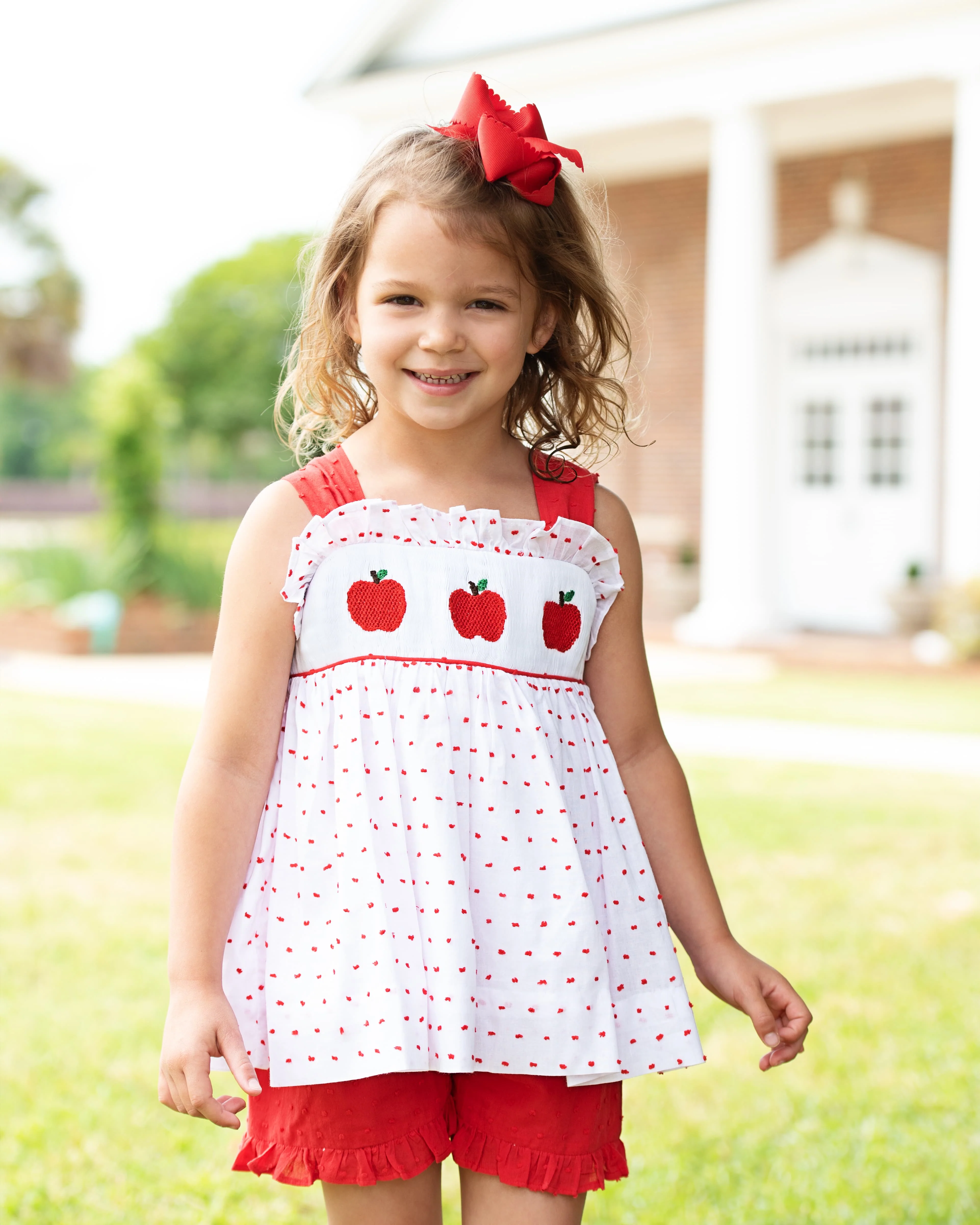 Red Swiss Dot Smocked Apple Short Set - Image 2