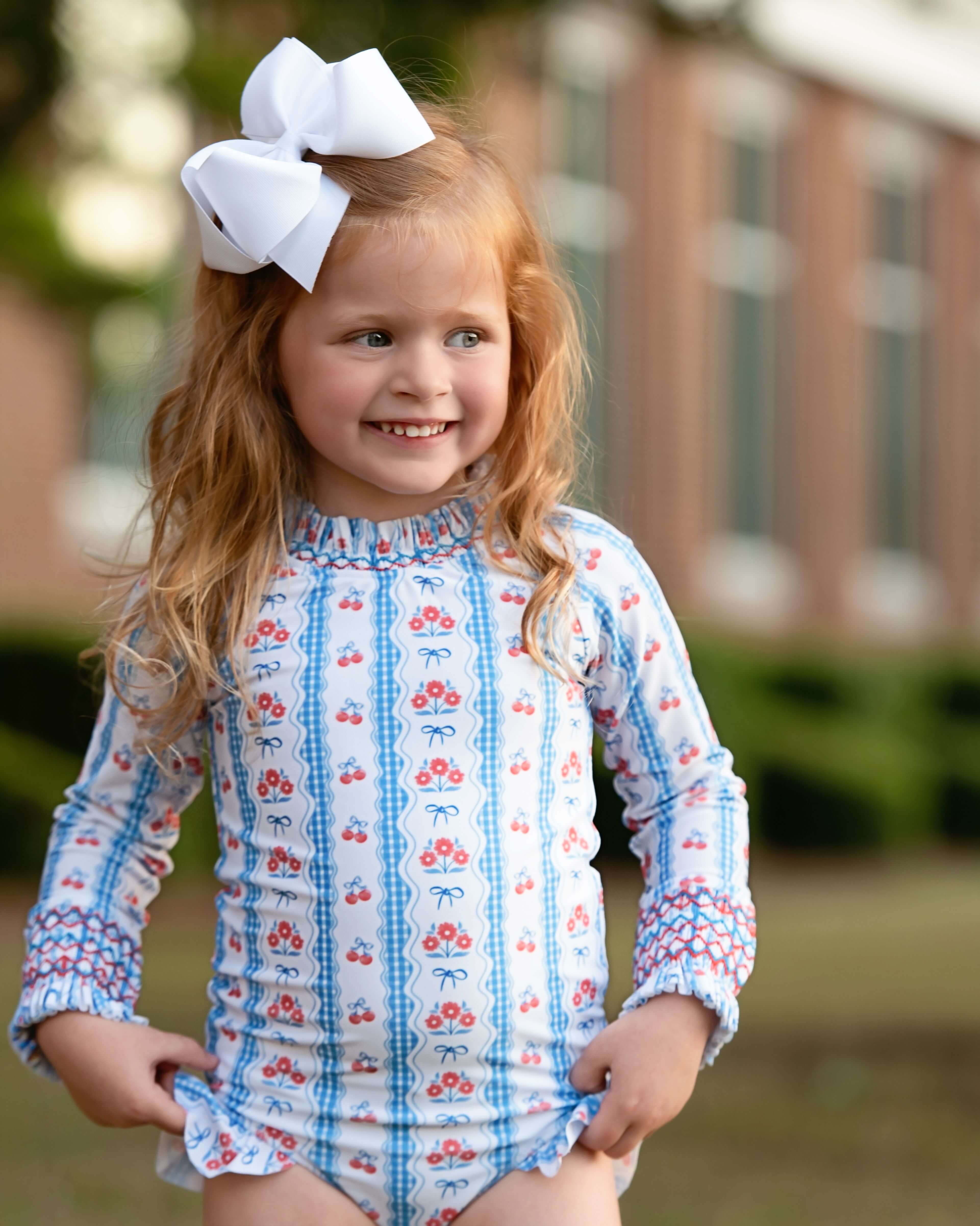 Smocked Floral And Cherries Long Sleeve Swimsuit - Image 2